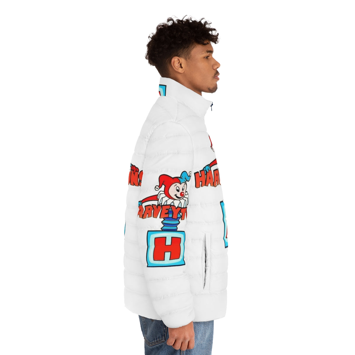 Harveytoons character logo puffer jacket featuring classic comic characters - men side right