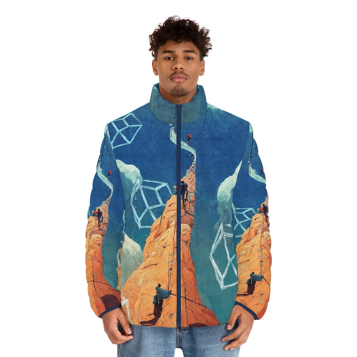 Inspire Rock Climbing Puffer Jacket with climber silhouette and abstract spire design - men front