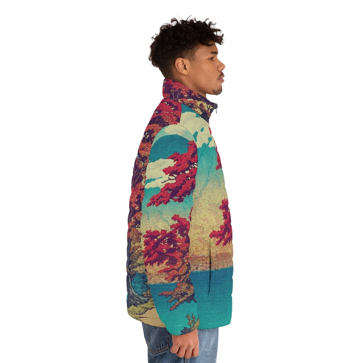 Ukiyo-e inspired puffer jacket featuring a nature landscape design - men side right