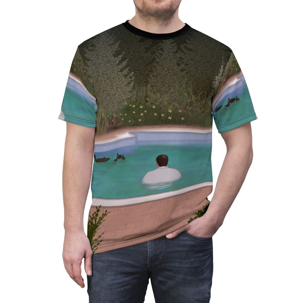 Shirt depicting melancholy, ducks, and the iconic legacy of a legendary mafia figure - men front