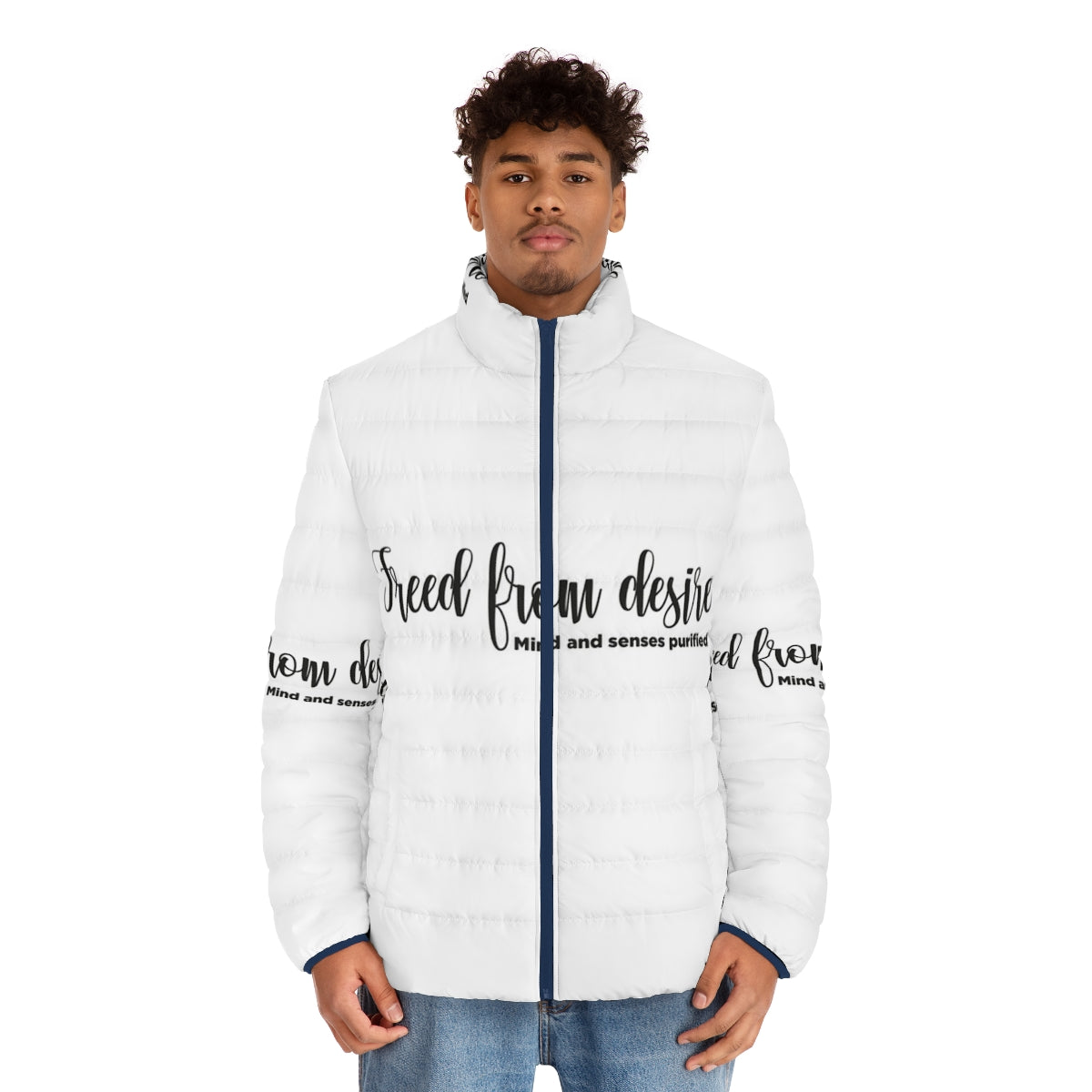 House Music Puffer Jacket with Desire and Music Themed Design - men front