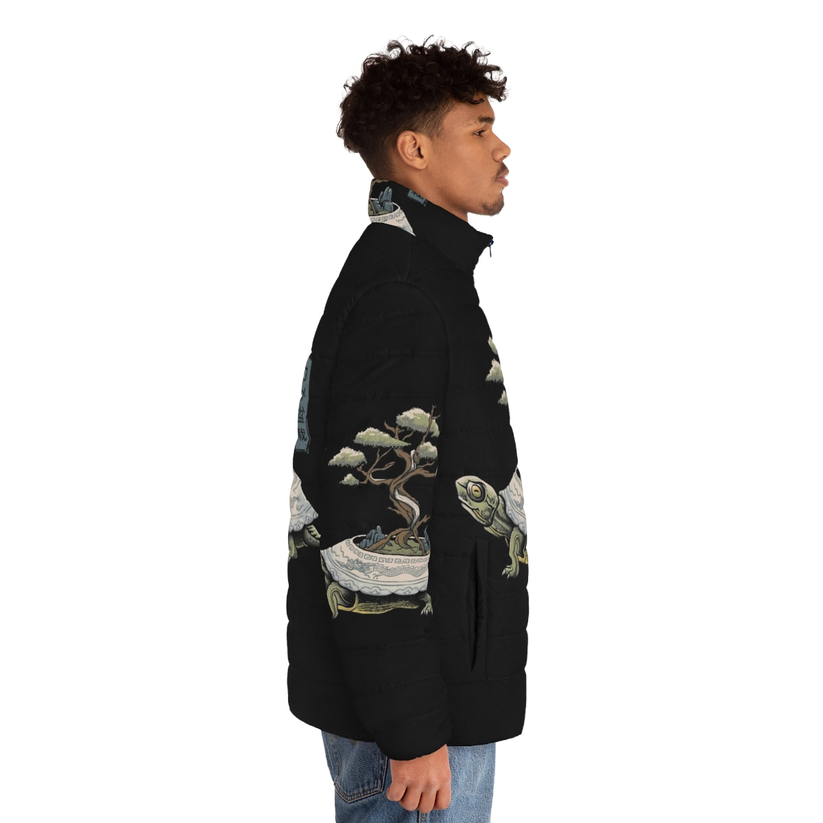 A puffer jacket with a turtle or "kame" design, featuring a Japanese-inspired nature theme. - men side right