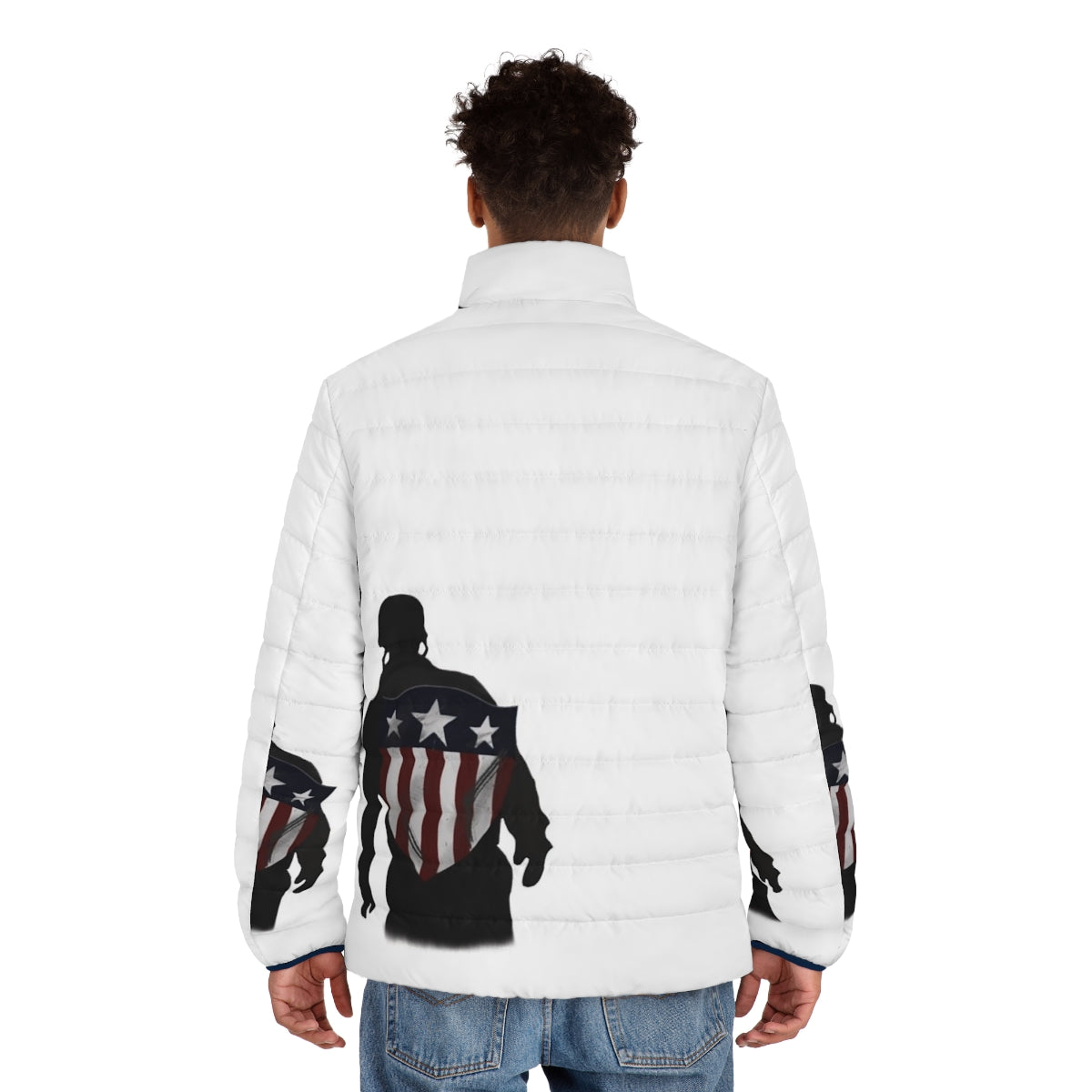 Chris Evans inspired "I Can Do This All Day" puffer jacket featuring stars and stripes design - men back