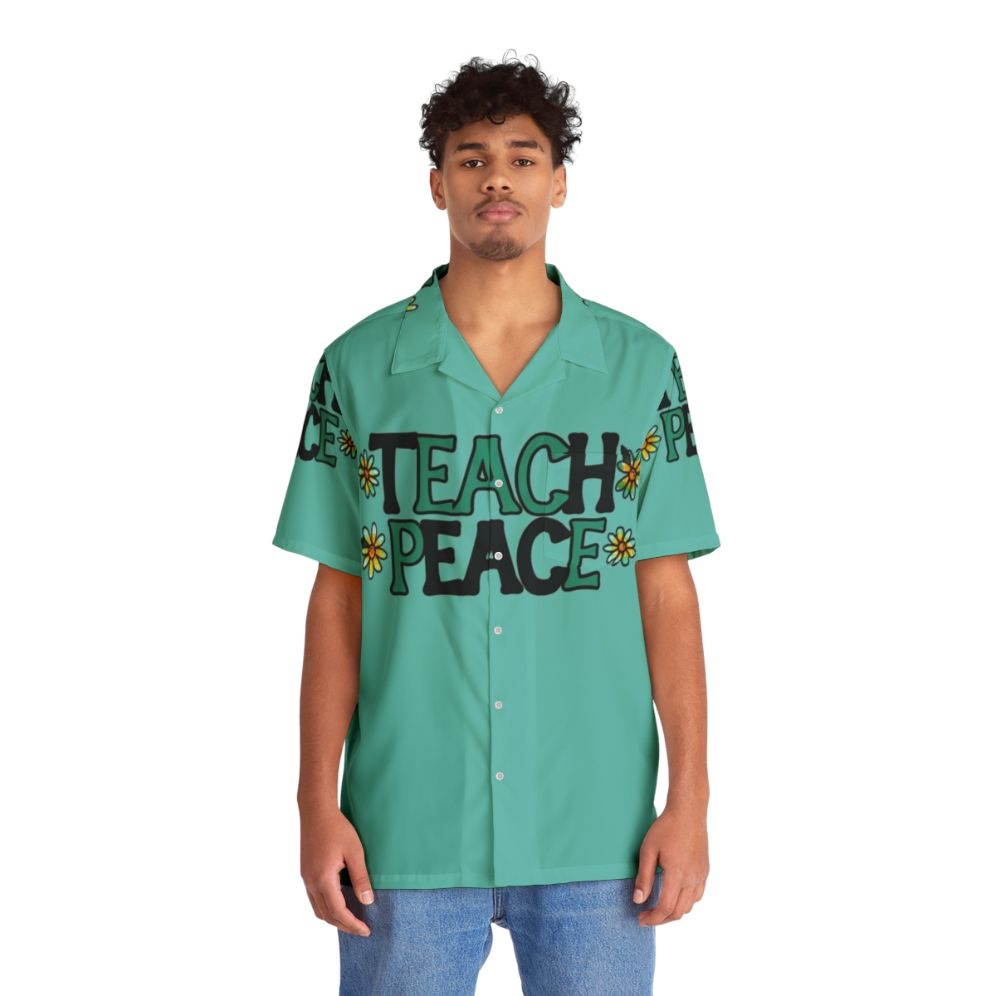 Teach Peace Hawaiian Shirt, featuring a colorful floral design - People Front