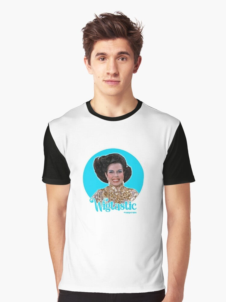 Vintage-inspired graphic t-shirt featuring the image of classic Hollywood movie star Ann Miller, a campy gay icon. - Men