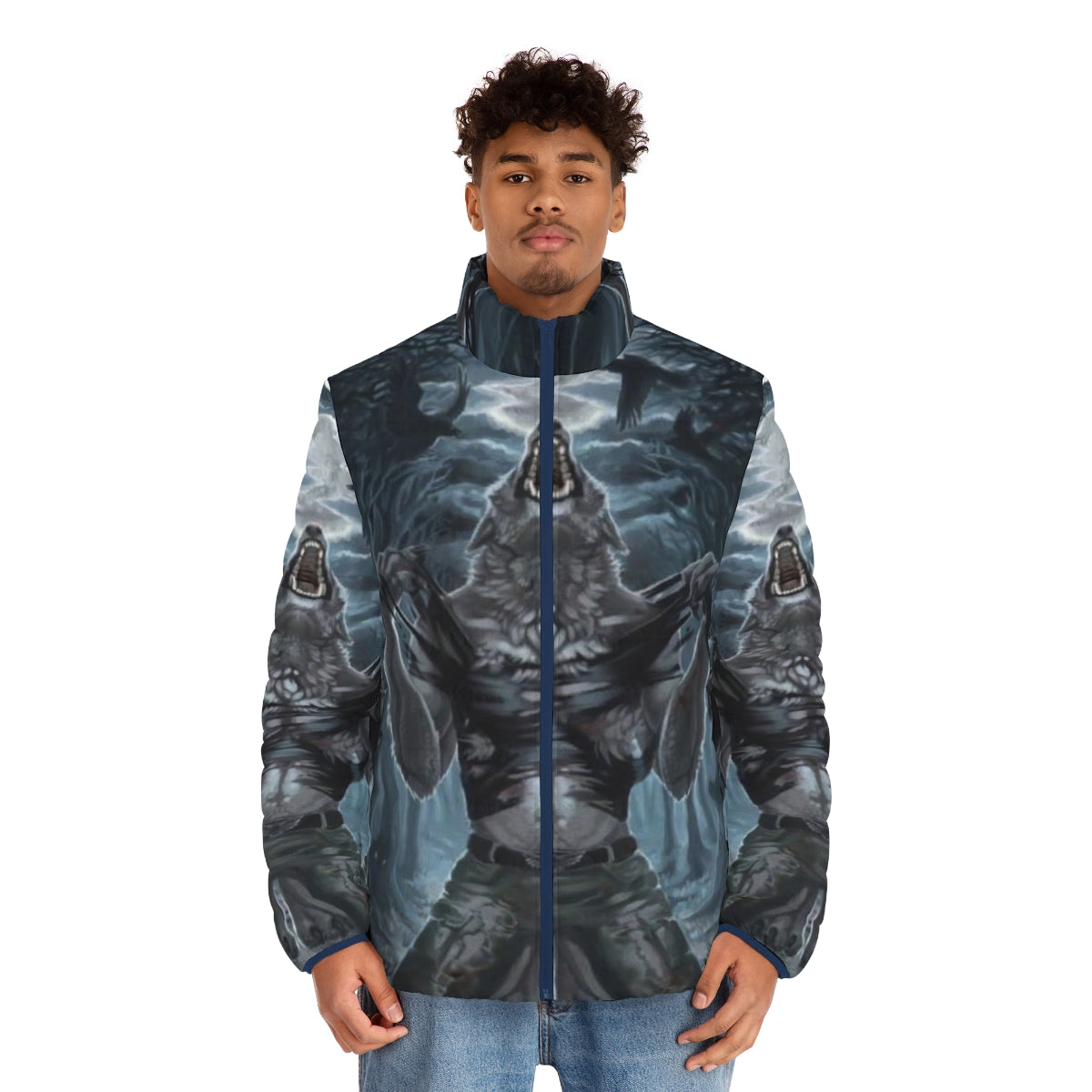 Werewolf ripping through a puffer jacket with claws on a scary moon background - men front