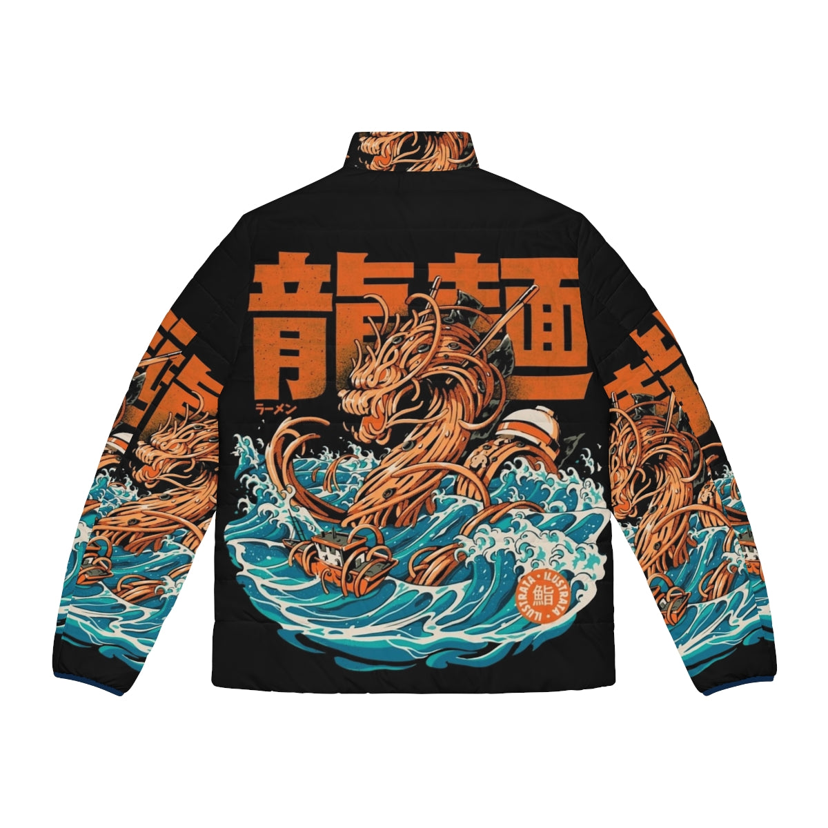 An anime-inspired puffer jacket featuring a ramen dragon design, inspired by the famous Kanagawa Wave artwork. - Back