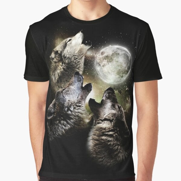 Three wolves howling at the full moon on a graphic t-shirt design