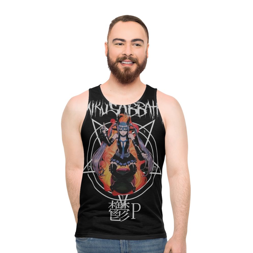 Miku Hatsune unisex tank top with metal music and baphomet design - men