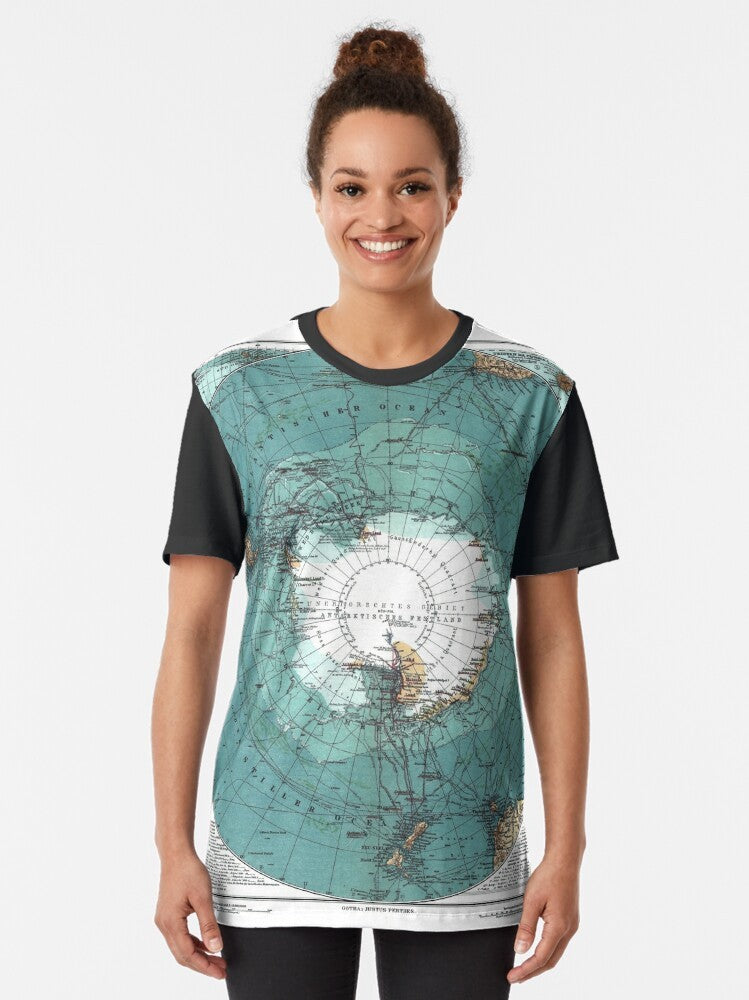 Vintage Antarctica map graphic printed on a t-shirt, featuring a classic, retro design of the Antarctic continent. - Women