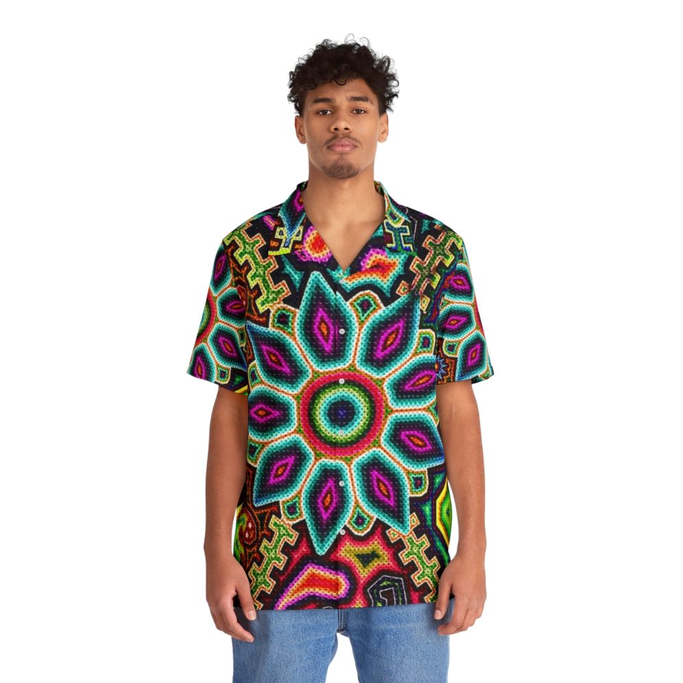 Huichol Art Mexican Hawaiian Shirt with Colorful Prehispanic Patterns - People Front