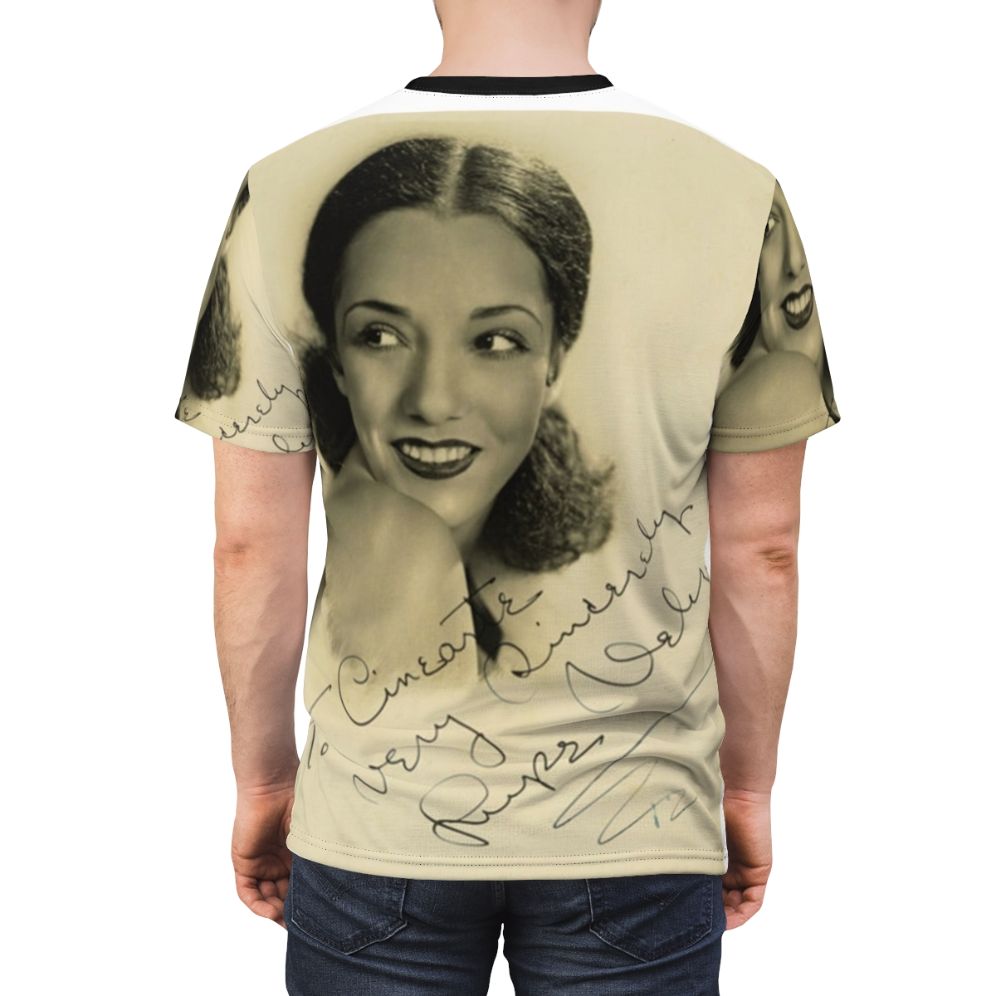 Vintage T-shirt featuring a signed portrait of classic movie star Lupe Velez - men back