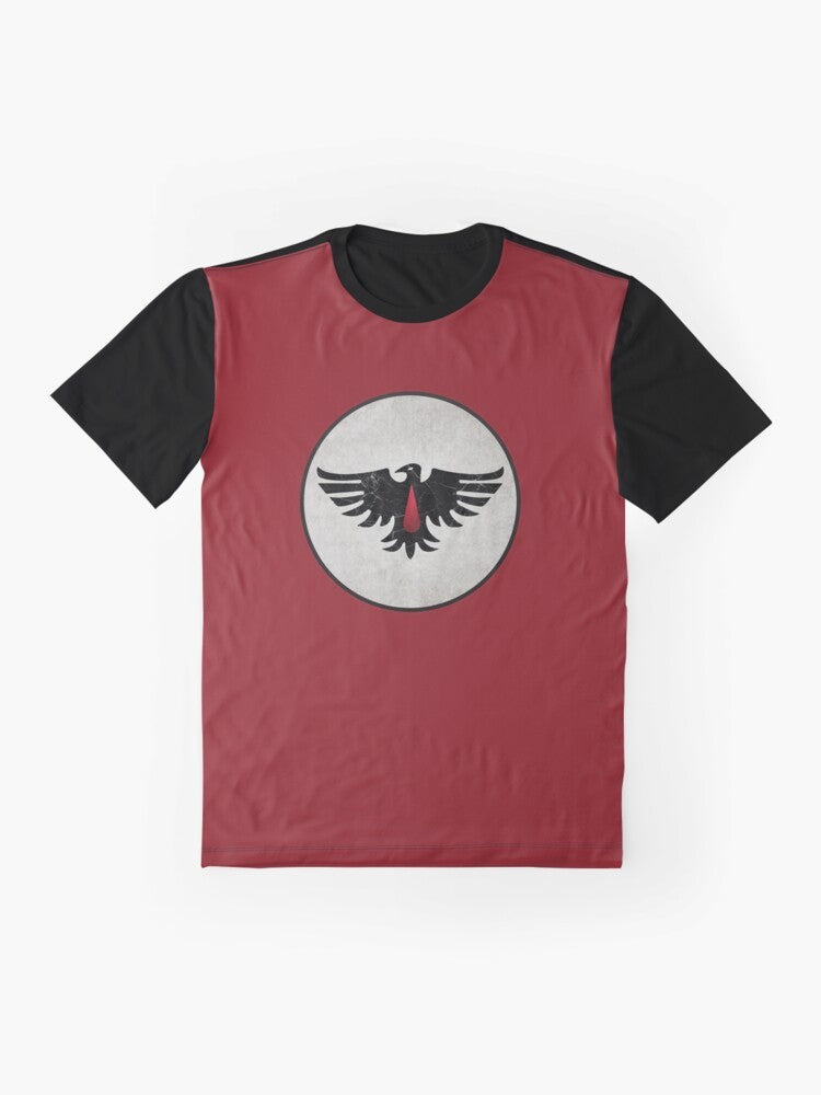 A graphic t-shirt featuring the iconic Blood Ravens chapter sigil and pauldrons of the Warhammer space marines. - Flat lay