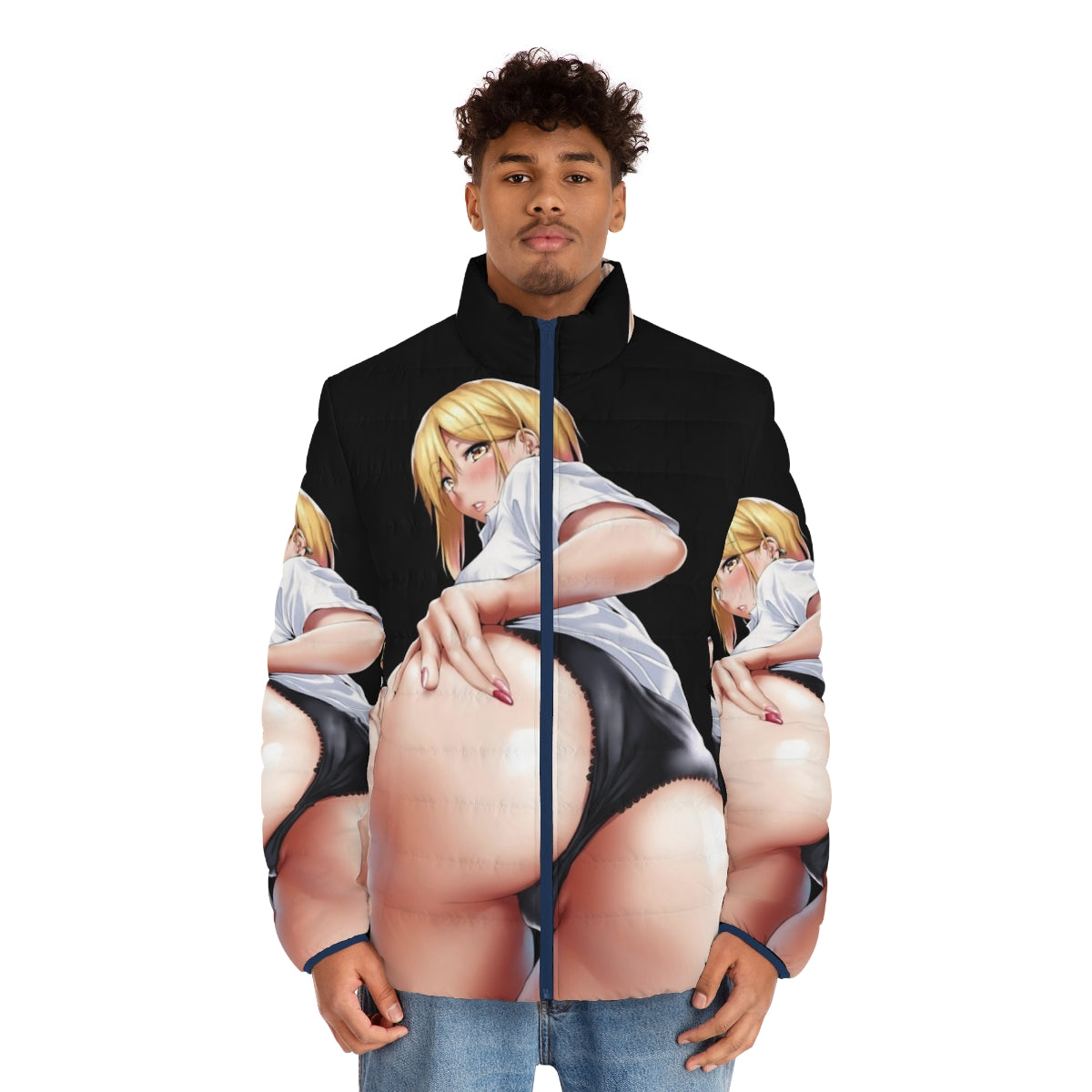 Puffer jacket featuring a cute anime girl illustration - men front