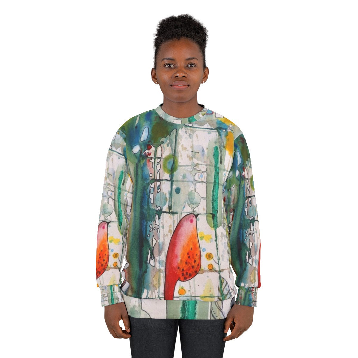 Watercolor bird sweatshirt with forest leaves and feathers - women