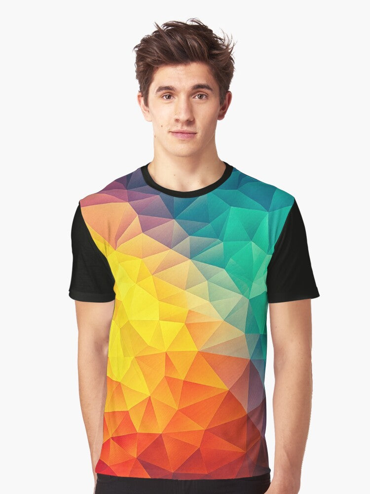 A colorful abstract geometric graphic design t-shirt with triangle and polygon shapes. - Men