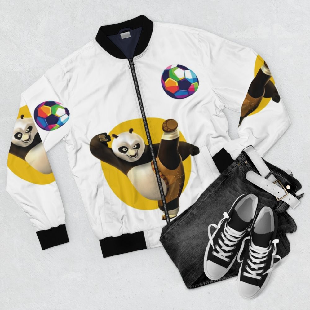 A colorful and cute bomber jacket featuring a panda playing soccer in a space-themed design. - Flat lay