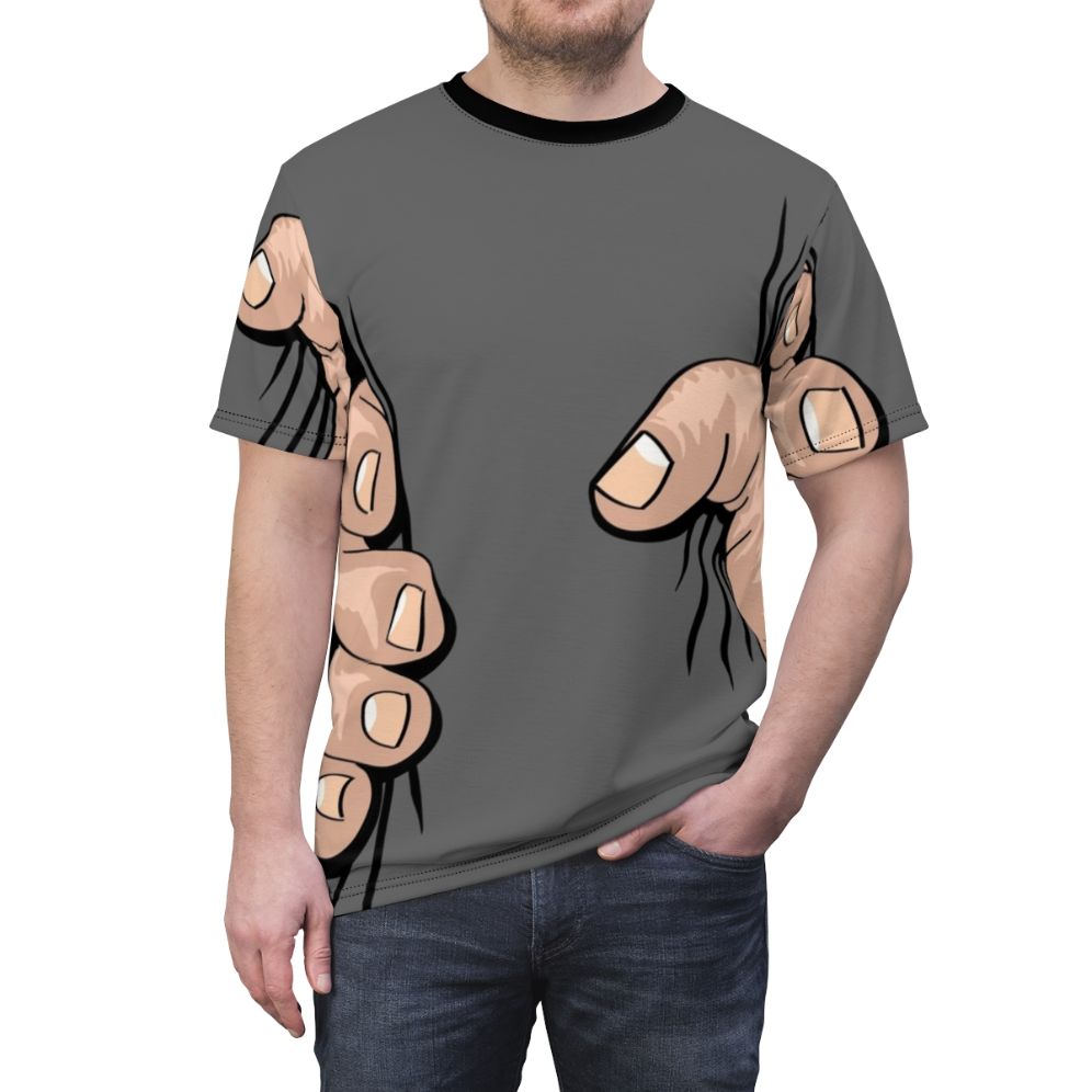 Oversized hand squeezing graphic design on a t-shirt - men front