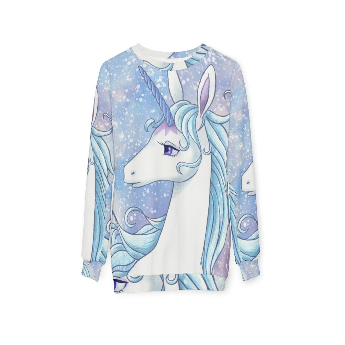 The Last Unicorn pastel-colored sweatshirt featuring a magical unicorn design - hanging