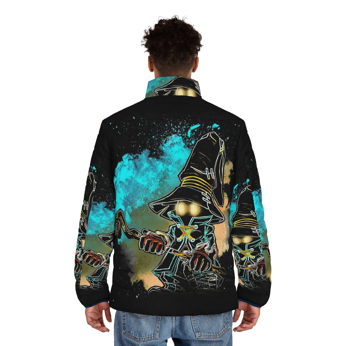 A stylish puffer jacket featuring a negative silhouette design of a Black Mage from the Final Fantasy video game series. - men back