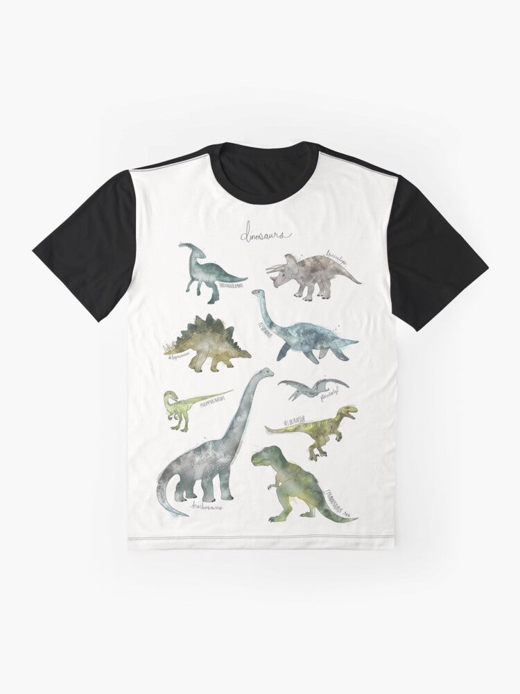 Dinosaur graphic t-shirt featuring a collection of dinosaur species - Flat lay