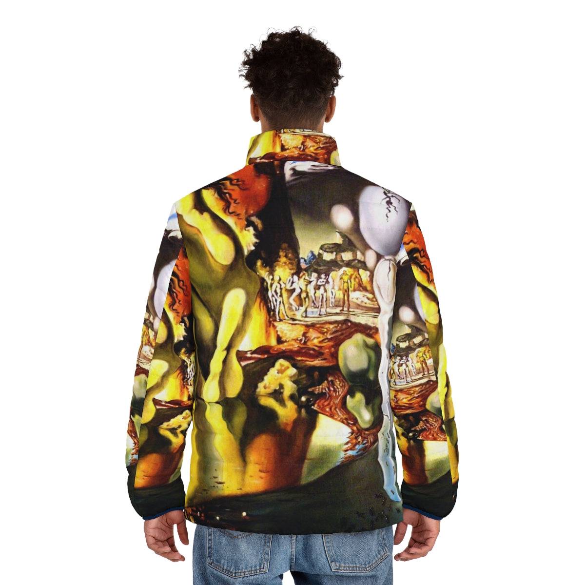 Puffer jacket featuring Salvador Dali's surrealist painting "Metamorphosis of Narcissus" - men back