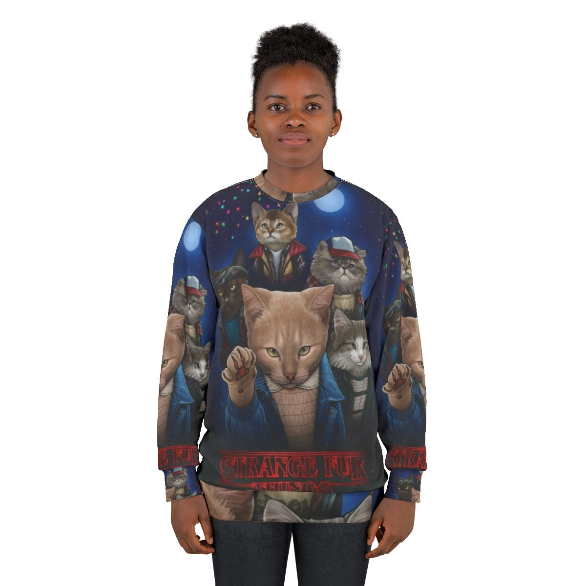 Upside down kitten design on a cozy sweatshirt - women