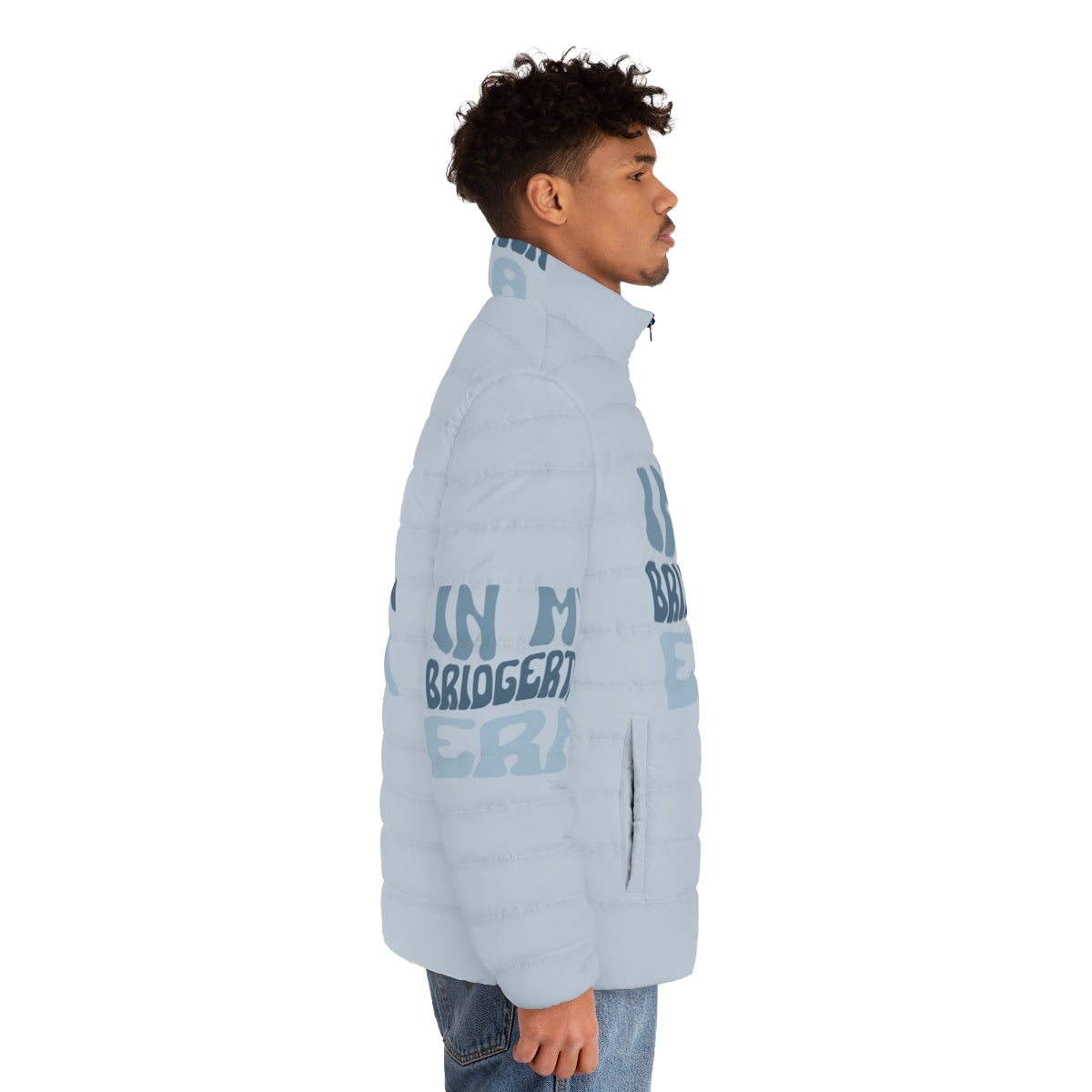 Model wearing a puffer jacket inspired by the Bridgerton Netflix series - men side right