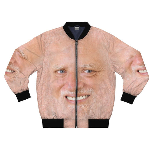 A bomber jacket featuring the iconic "Hide the Pain Harold" meme, a stock photo of an older man with an awkward, creepy smile.