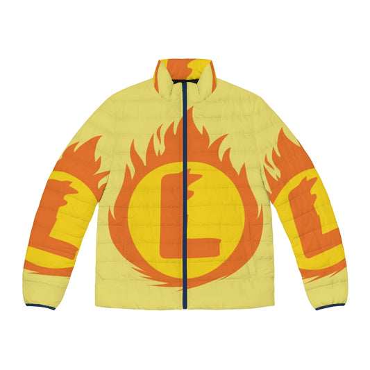 Superhero Letter L Fire Insignia Puffer Jacket with personalized superhero logo