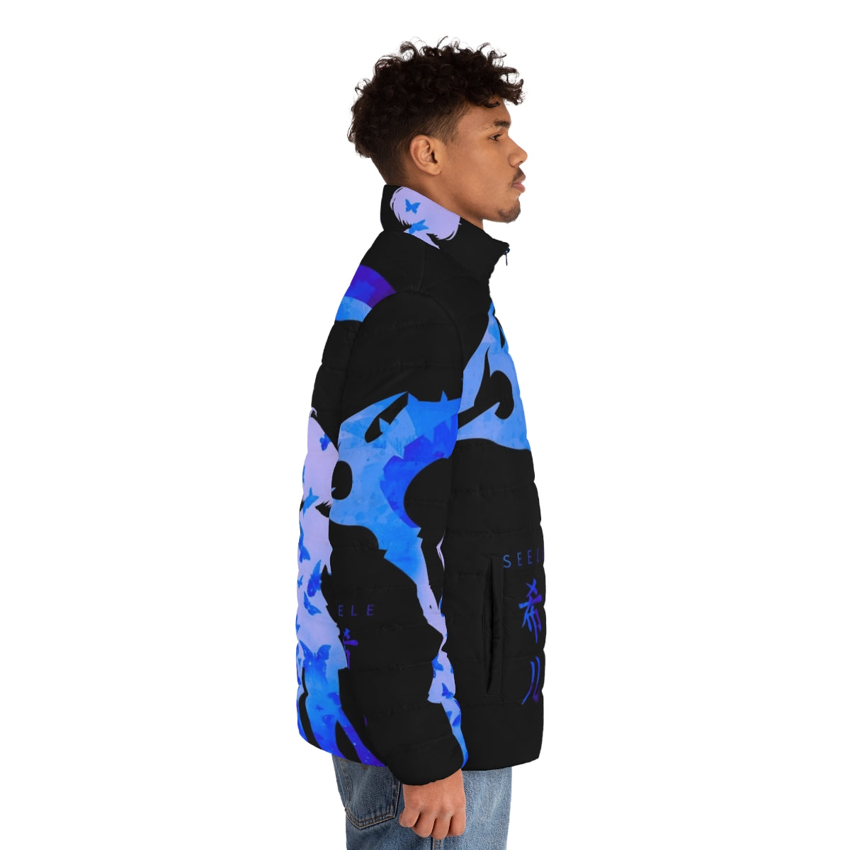 Blue puffer jacket with anime-style butterflies - men side right