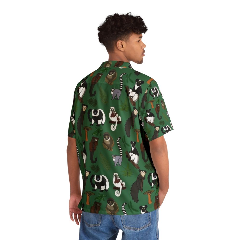 Model wearing a colorful lemur pattern Hawaiian shirt - People Back