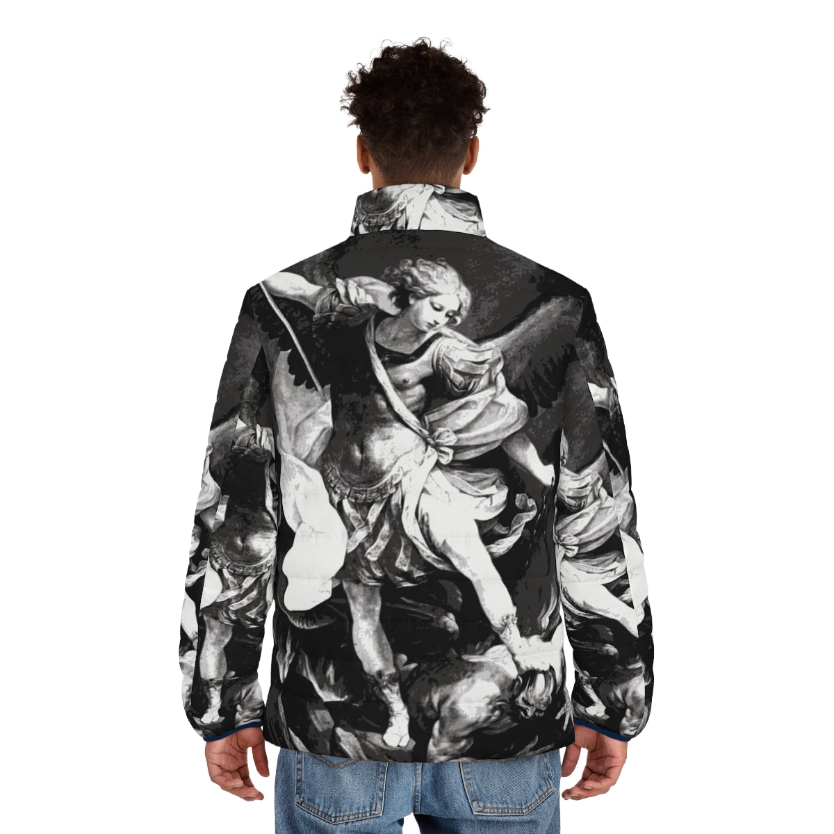 Saint Michael Archangel Puffer Jacket featuring the heavenly warrior's iconic image - men back