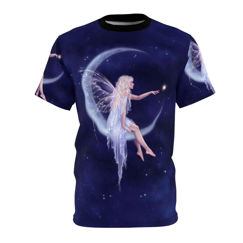 Whimsical fairy figure floating in a starry night sky featuring a crescent moon