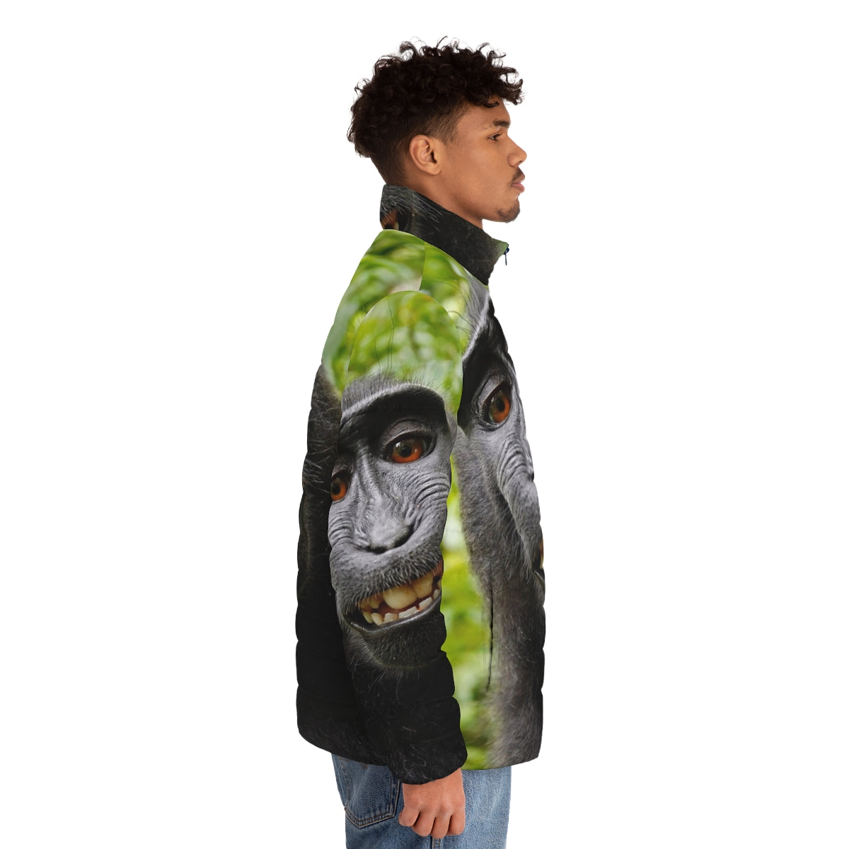 A cozy puffer jacket with a playful monkey design, perfect for outdoor adventures. - men side right