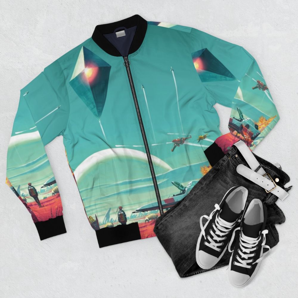 No Man's Sky Horizon Bomber Jacket featuring a spaceship design - Flat lay