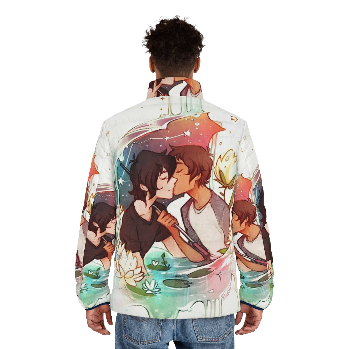 Voltron-themed puffer jacket with focus on Klance characters Keith and Lance - men back