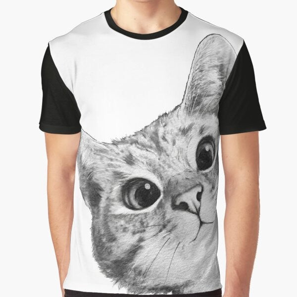 A black and white graphic t-shirt design featuring a sneaky, peekaboo cat or kitten with a humorous, cute, and funny expression.