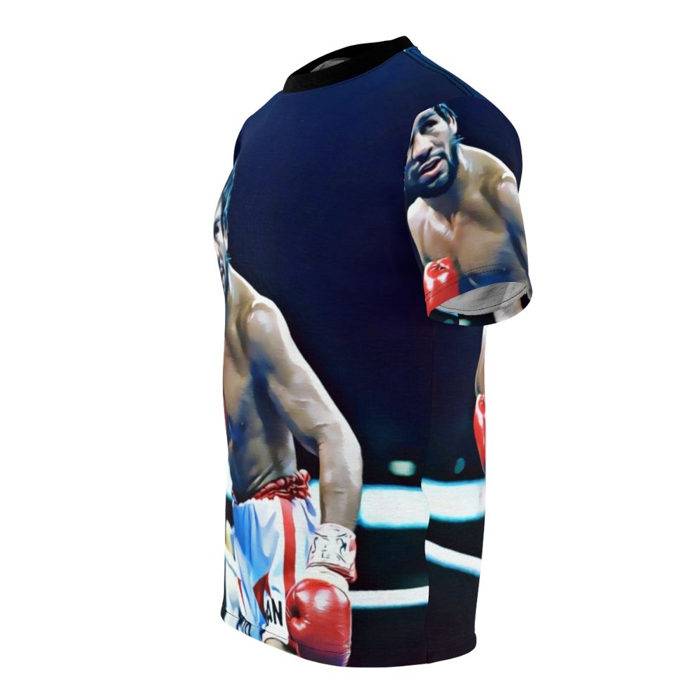 Graphic t-shirt featuring a portrait of legendary boxer Roberto Duran, nicknamed "Hands of Stone" - men left