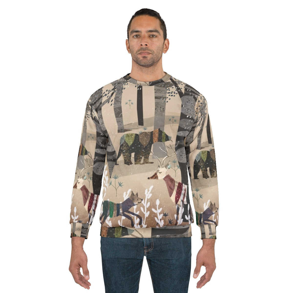 Watercolor illustration of forest animals on a beige sweatshirt - men