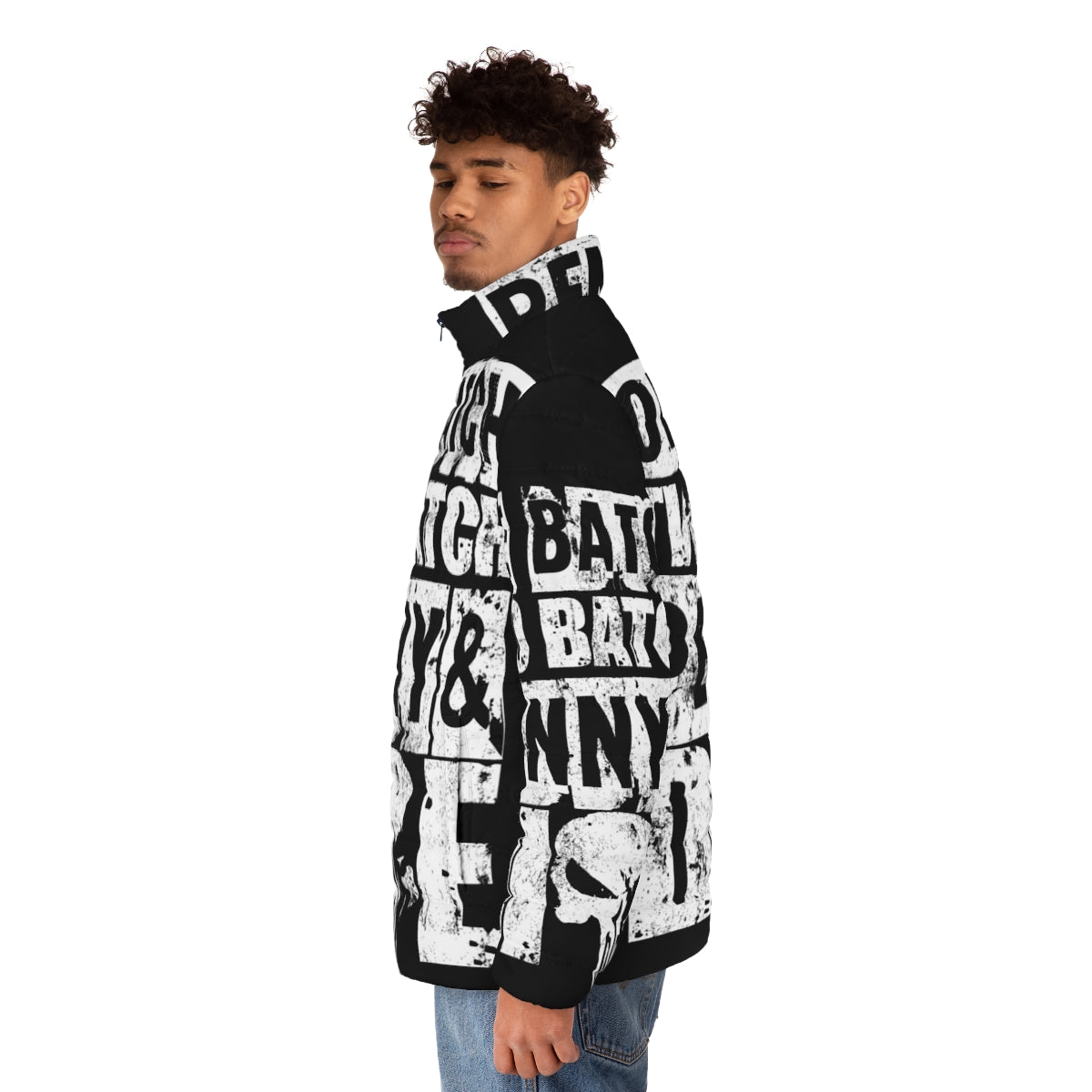 One Batch Two Batch Superhero Puffer Jacket featuring comic book inspired design - men side left