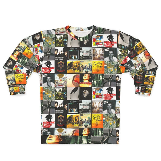 Vintage-style collage graphic of 90s and 00s indie and britpop album covers on a sweatshirt