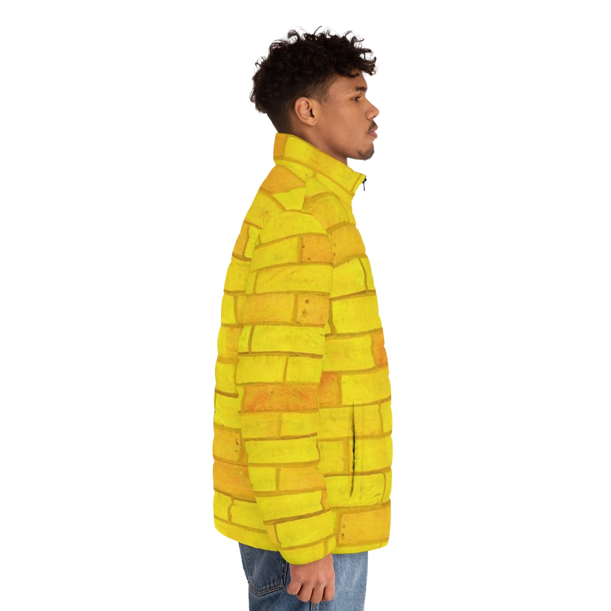 Person wearing a yellow puffer jacket with a brick road design, inspired by the Wizard of Oz - men side right