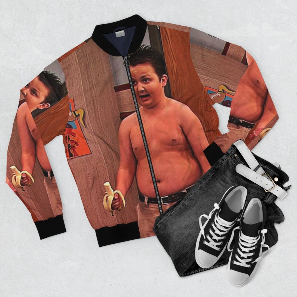 Gibby Bomber Jacket featuring the iconic I Carly TV show character Gibby, played by Noah Munck - Flat lay