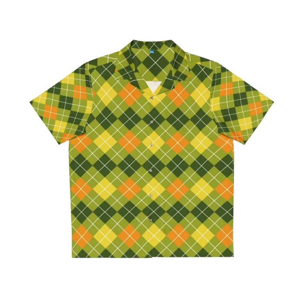 Colorful argyle pattern Hawaiian shirt in yellow, orange, and green