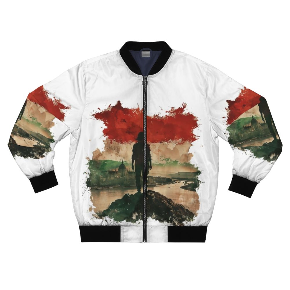 Hungarian flag printed on a bomber jacket with a scenic city backdrop