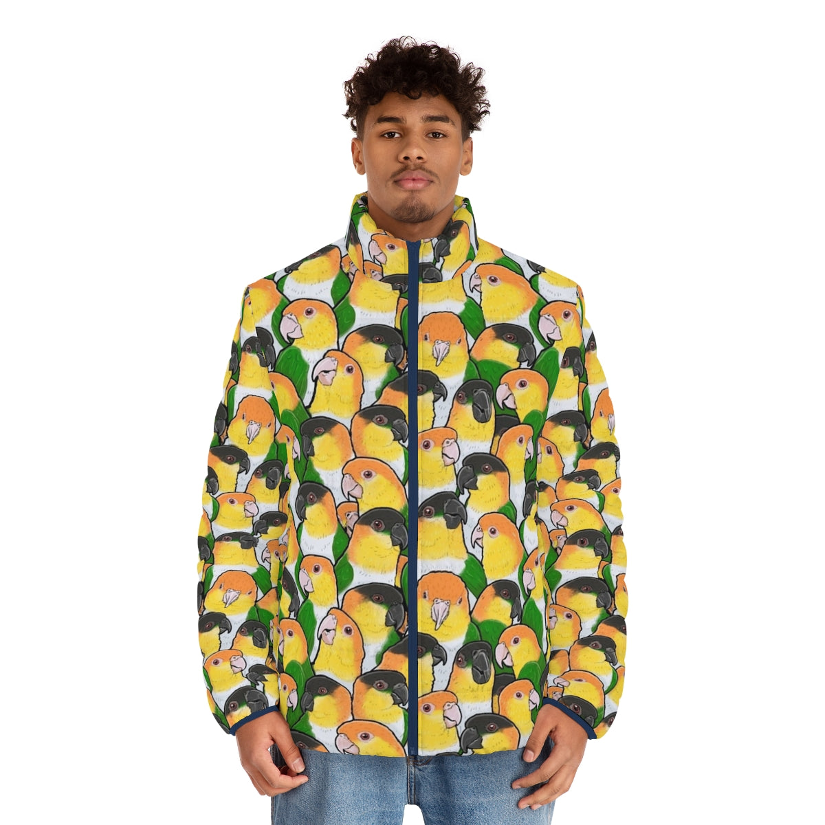 Caique parrot wearing a stylish puffer jacket - men front