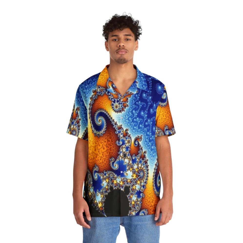 Blue Mandelbrot fractal design on a Hawaiian shirt - People Front