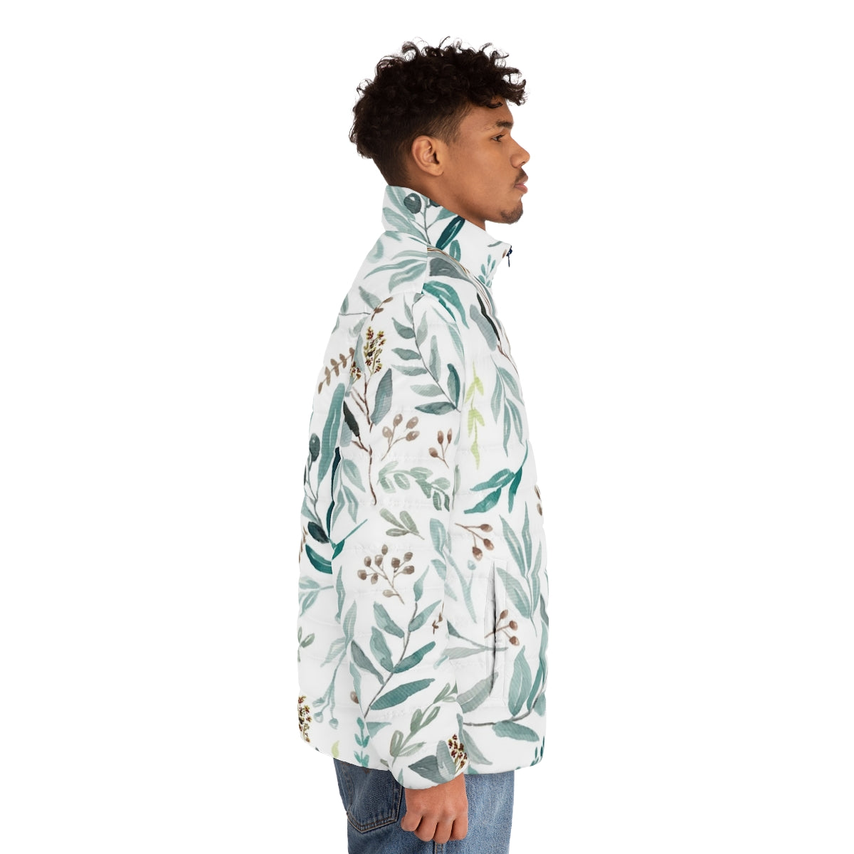 A green puffer jacket with a botanical eucalyptus leaves pattern, perfect for spring fashion. - men side right