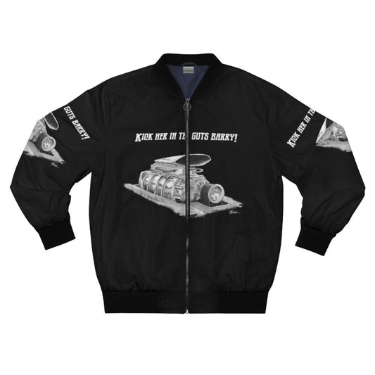 Mad Max-inspired bomber jacket with supercharger details and post-apocalyptic design